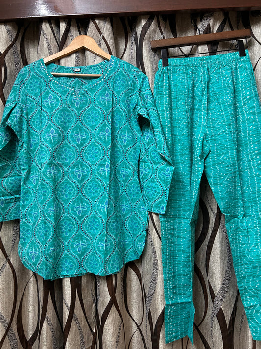 Teal Bandhani Ogee Coord Set with Mirror Work Neckline