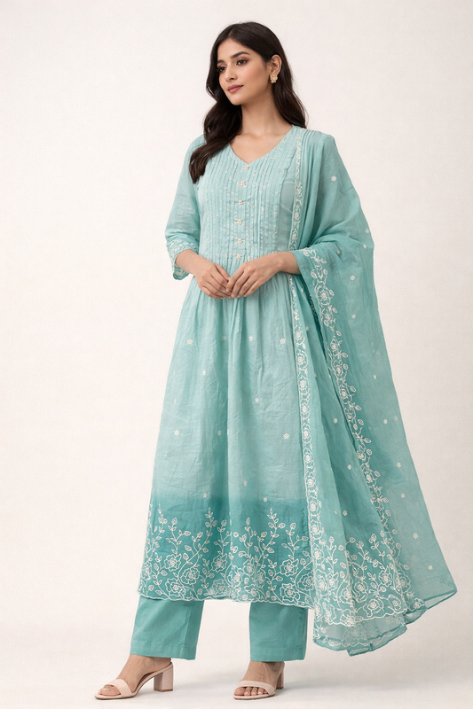 Sage Bloom Anarkali Kurta Set with Chikankari Embroidery & Dupatta