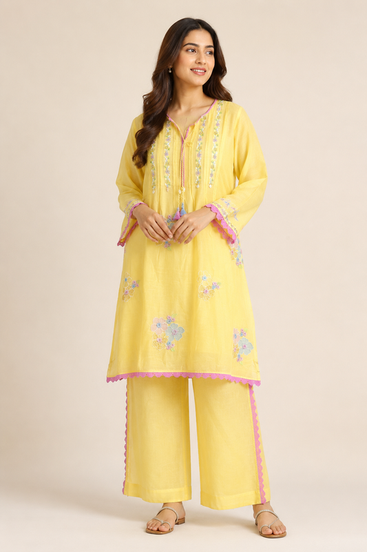 Sunshine Yellow Mulmul Cotton Embroidered Coord Set