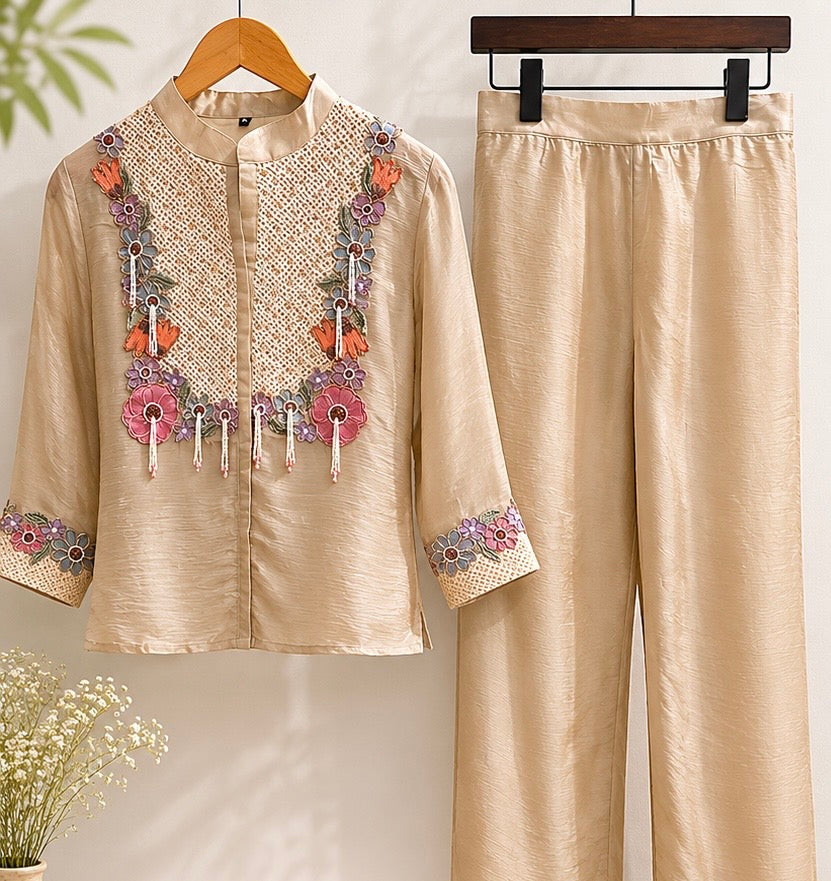 Chinnon Embroidered Coord Set with Floral Yoke & Pearl Bead Tassels