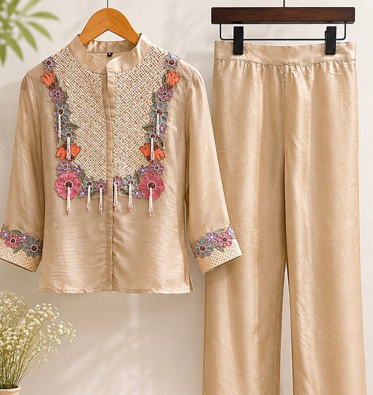 Chinnon Embroidered Coord Set with Floral Yoke & Pearl Bead Tassels