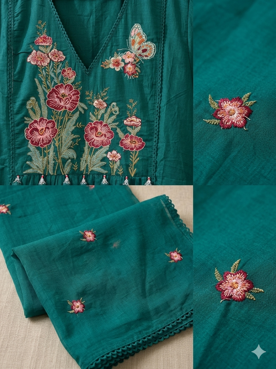 Teal Bloom Embroidered 3-Piece Kurta Set