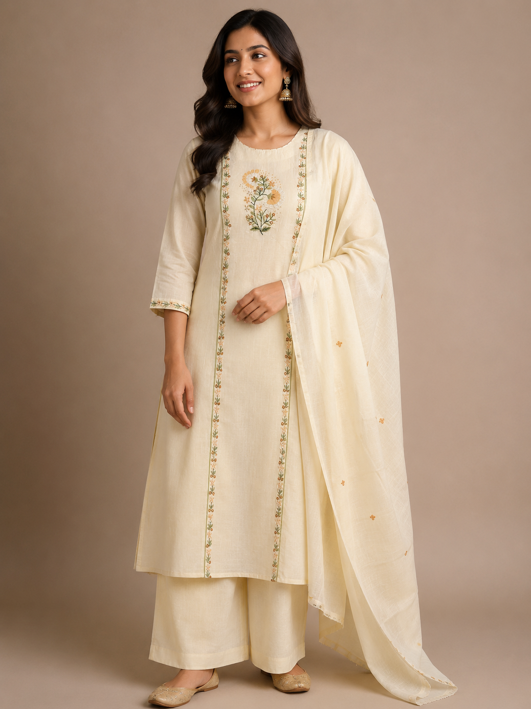 Ivory Bloom 3-Piece Mulmul Cotton Kurta Set