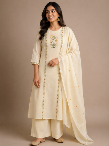 Ivory Bloom 3-Piece Mulmul Cotton Kurta Set