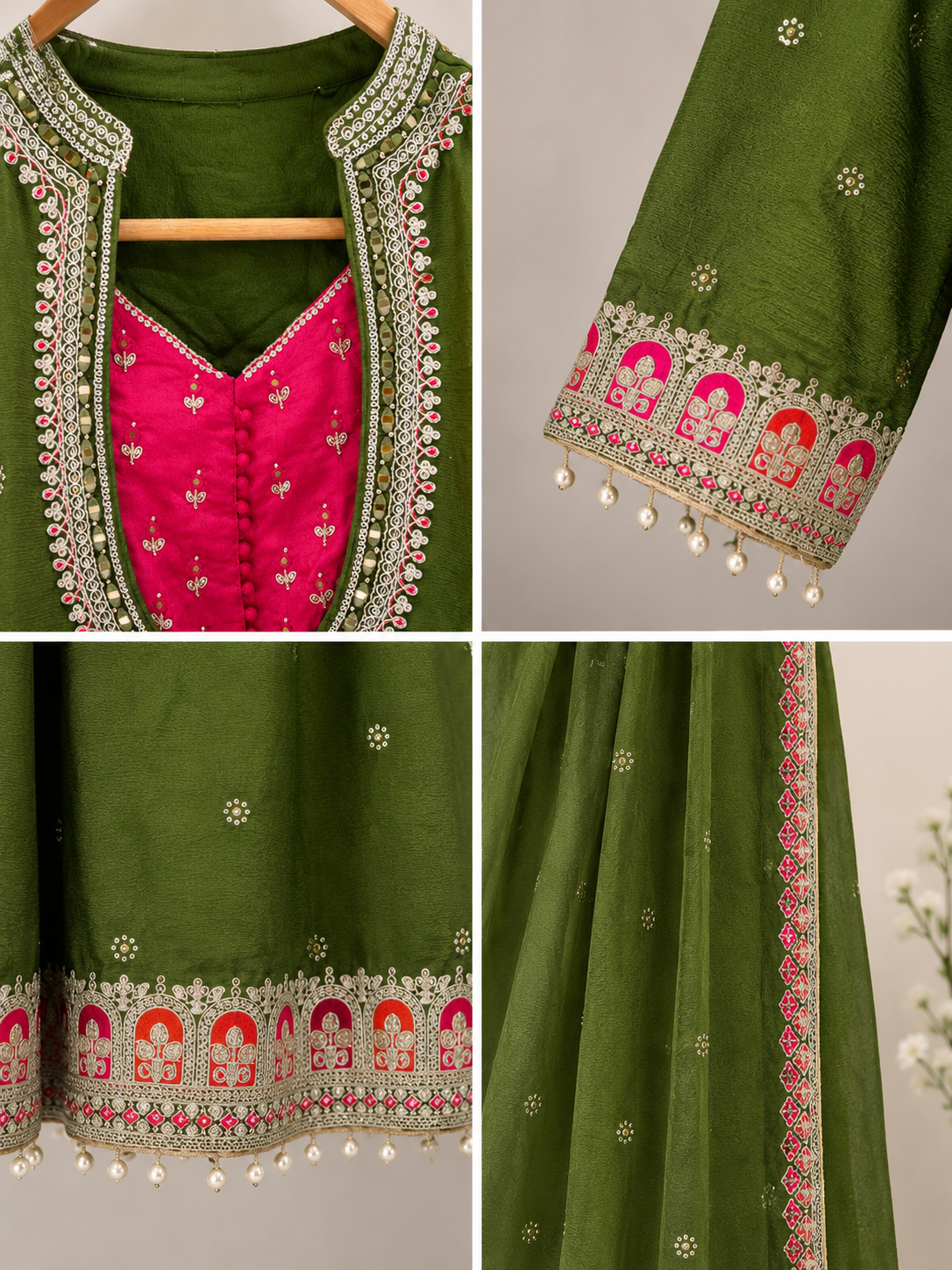 Olive Green Embroidered Georgette Kurta Set | Contrast Rani Pink Yoke | Palazzo & Dupatta