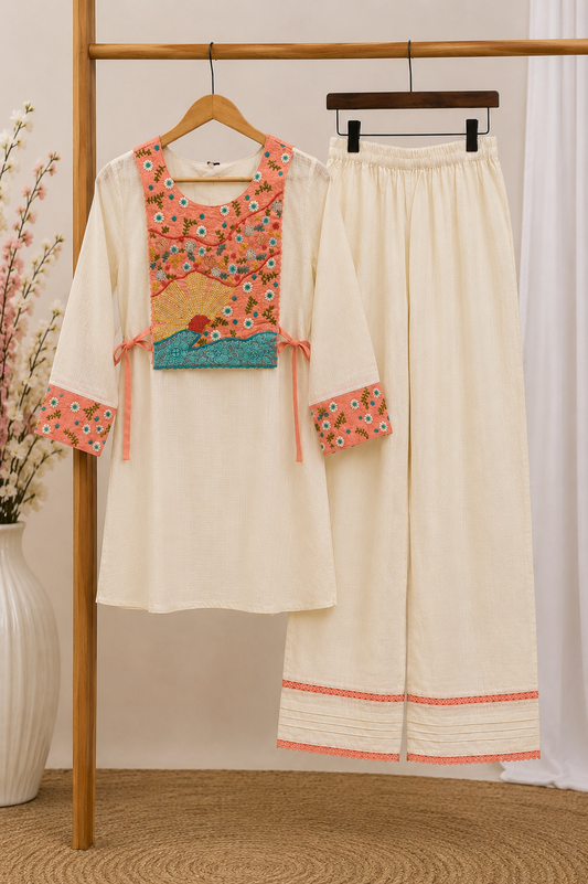 Ivory Embroidered Yoke Coord Set | Floral & Landscape Hand-Embroidery | Kurta & Palazzo