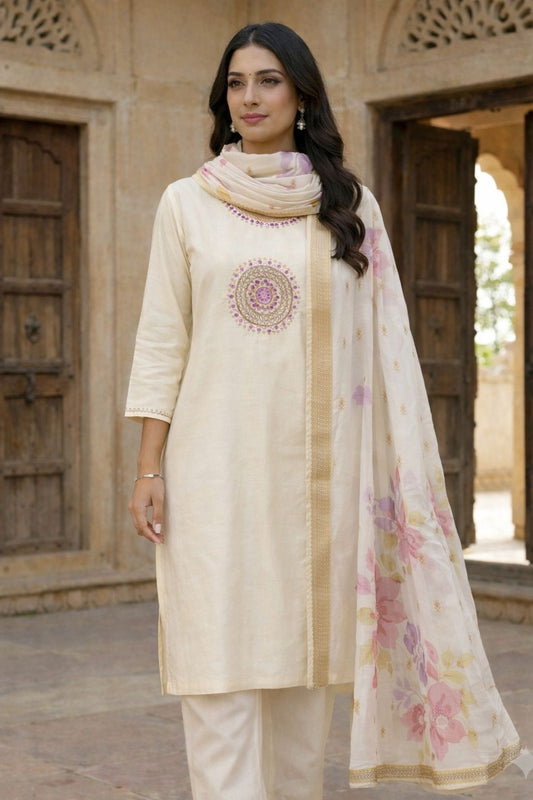 Woman wearing a cream-colored traditional outfit with a floral scarf in an outdoor setting.