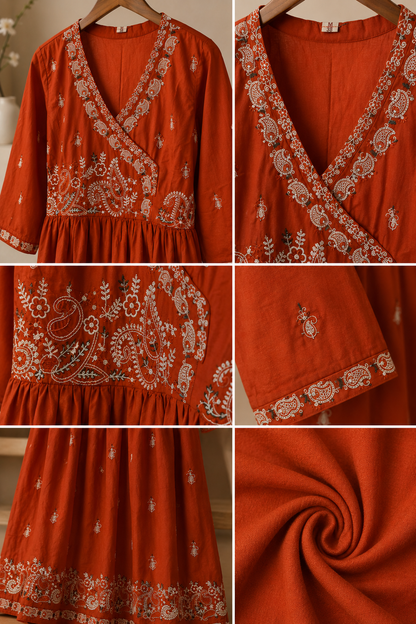Rust Red Paisley Embroidered Anarkali Kurta Set with Dupatta