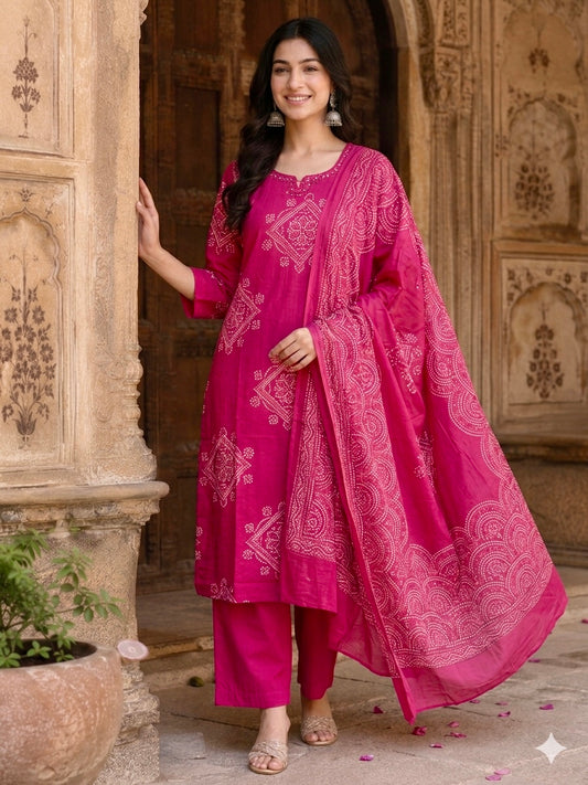 Red Bandhani Print Cotton Suit Set with Embroidered Neckline & Chiffon Dupatta