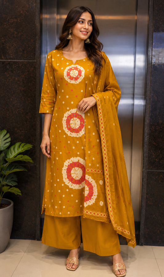 Mustard Yellow Shibori & Mirror Work 3-Piece Cotton Suit Set