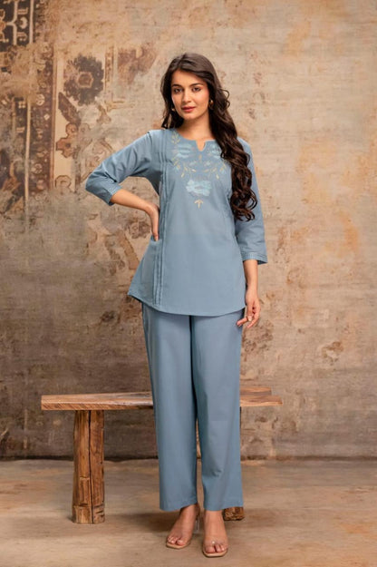 Azure Bloom Embroidered Kurti & Pant Coord Set
