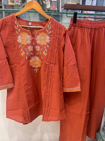 Rust Bloom Embroidered Cotton Coord Set
