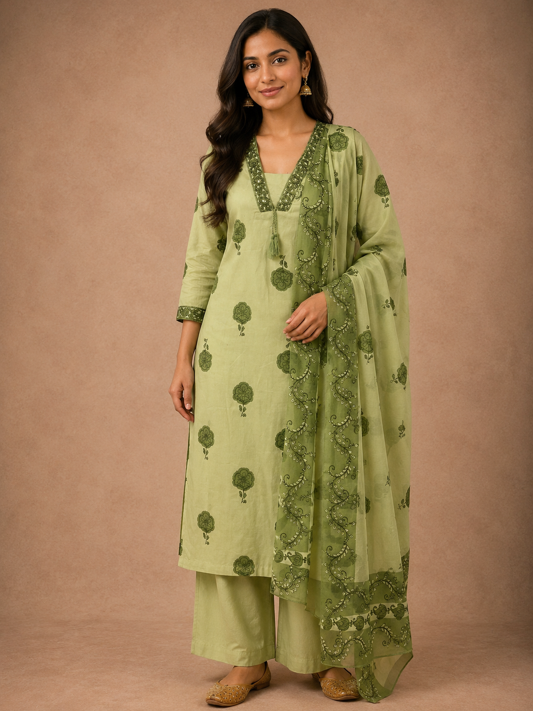 Sage Green Floral Print Embroidered Cotton 3-Piece Suit