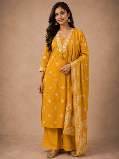 Mustard Embroidered Cotton 3-Piece Suit