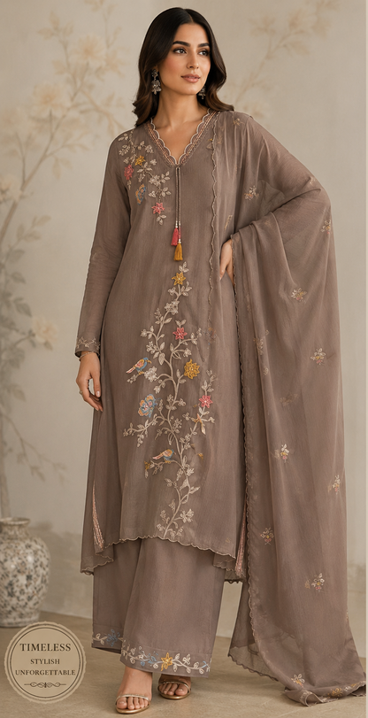 Vintage Bloom 3 Piece Suit – Embroidered Kurta, Pants & Dupatta