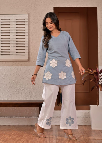 Blue Bloom Floral Appliqué Cotton Coord Set