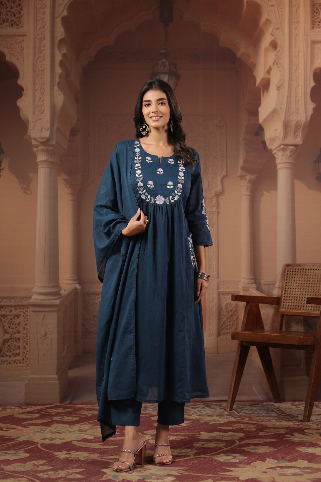 Teal Blue Floral Embroidered Pure Cotton Anarkali Kurta Set | 3-Piece Coord Set