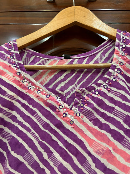 Purple & Pink Leheriya Kurti with Mirror-Sequin Embellished Neckline