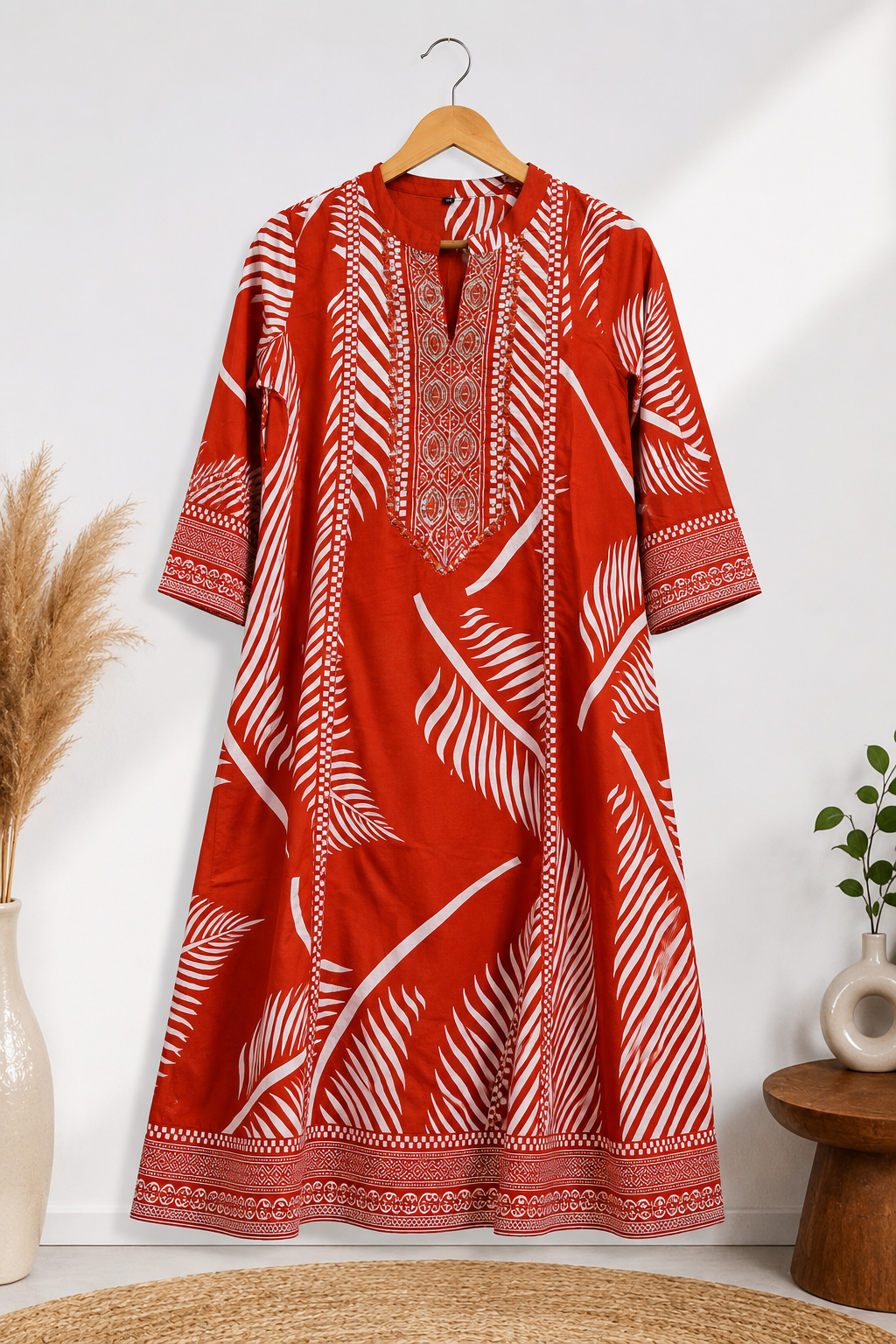 Rust Red Tropical Leaf Print Anarkali Kurta Set with Gold Zari Embroidery