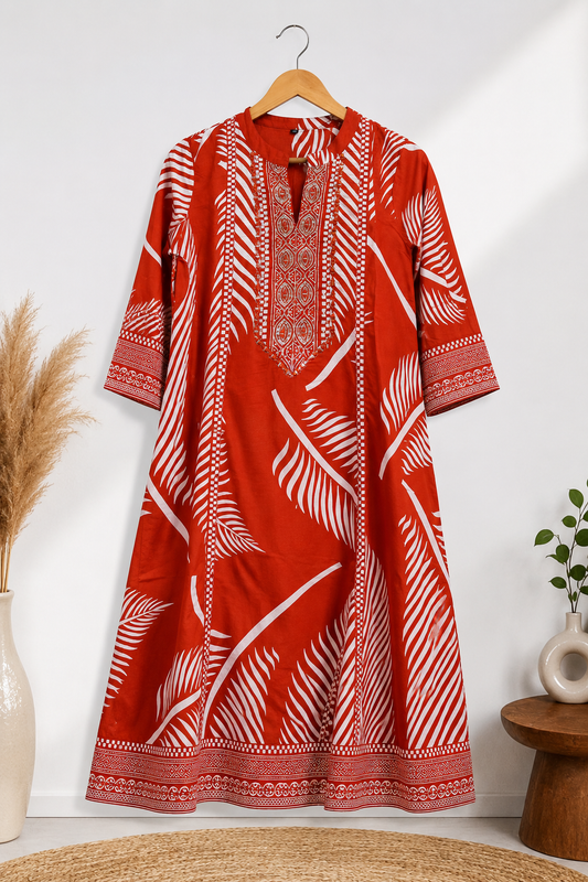 Rust Red Tropical Leaf Print Anarkali Kurta Set with Gold Zari Embroidery