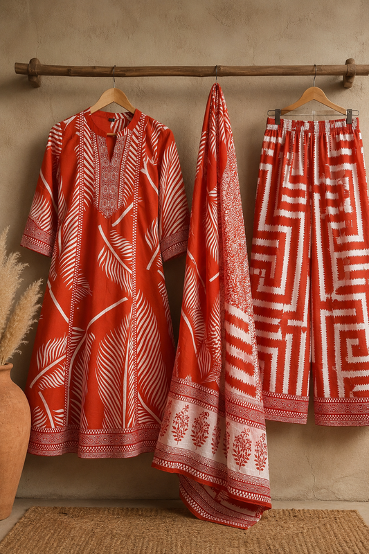 Rust Red Tropical Leaf Print Anarkali Kurta Set with Gold Zari Embroidery