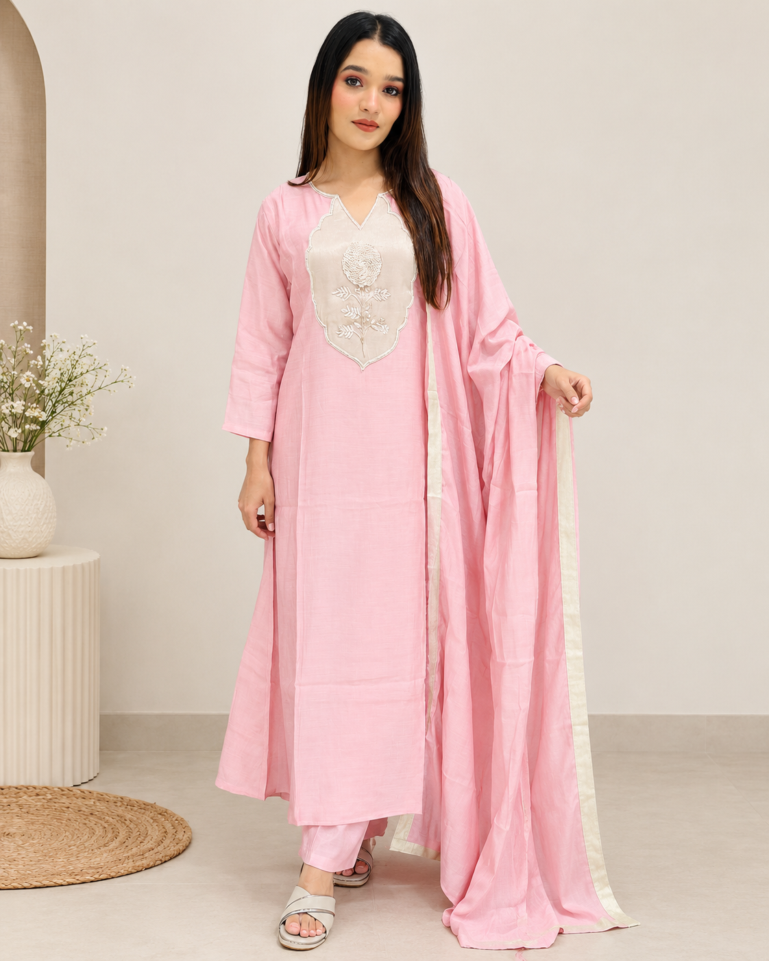 Blush Pink Zardozi Motif Mul Cotton 3-Piece Suit Set