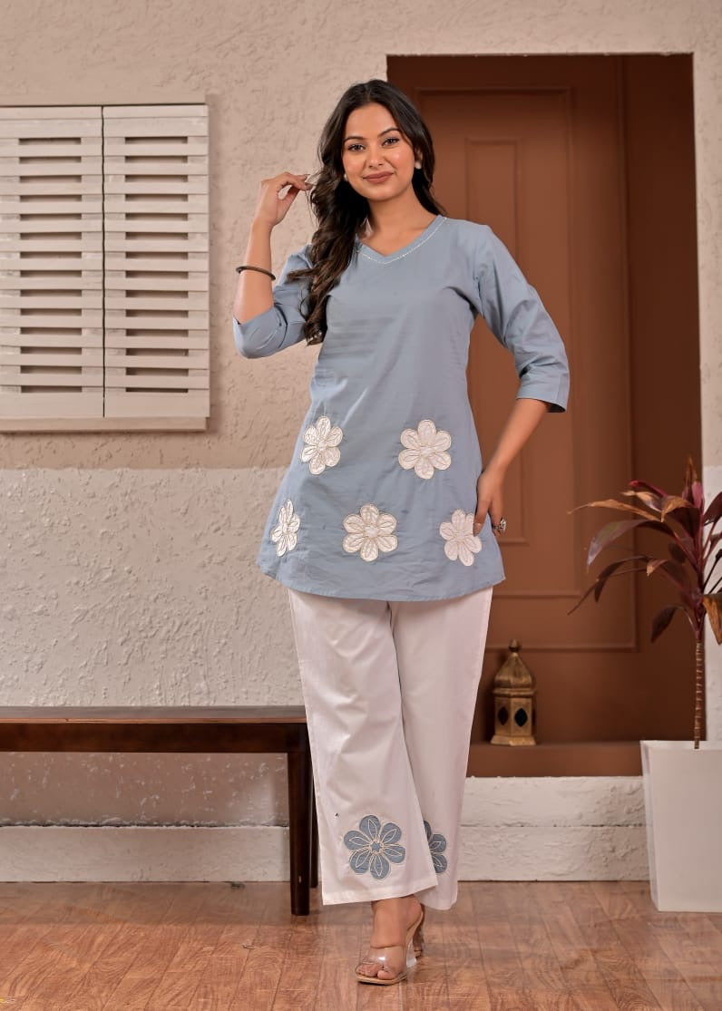 Blue Bloom Floral Appliqué Cotton Coord Set