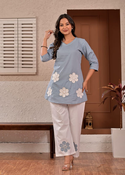Blue Bloom Floral Appliqué Cotton Coord Set
