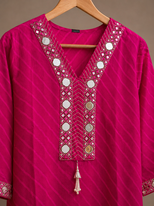 Rani Pink Leheriya Mirror Work Kurta Set with Palazzo & Dupatta