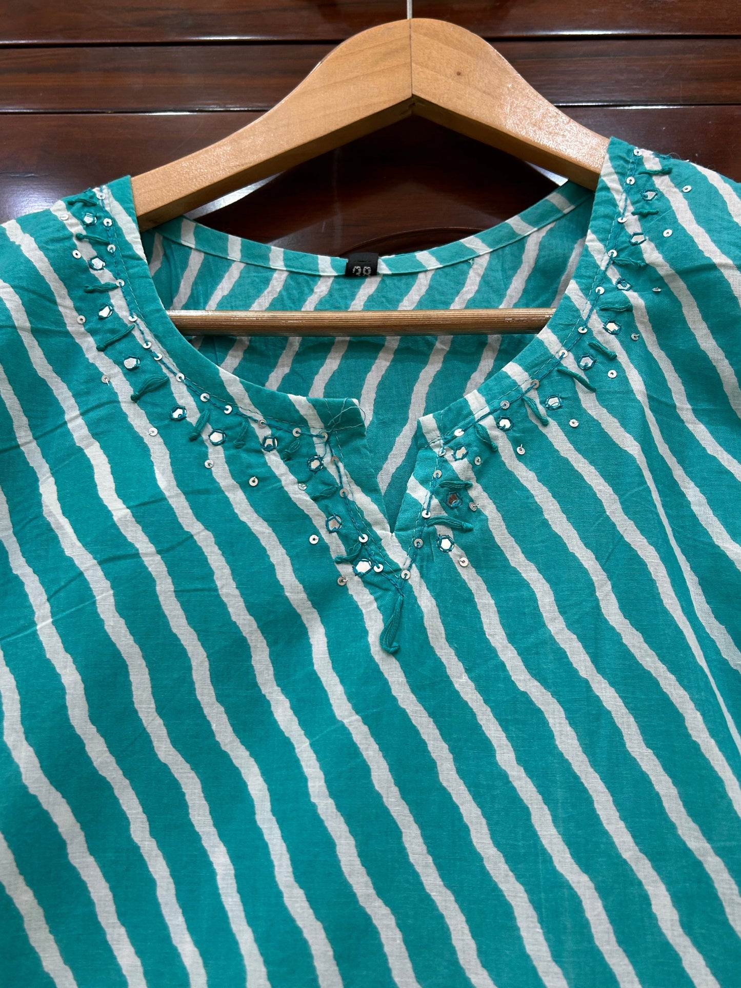Teal Leheriya Kurti with Mirror-Embellished Neckline
