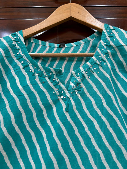 Teal Leheriya Kurti with Mirror-Embellished Neckline