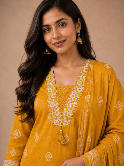 Mustard Embroidered Cotton 3-Piece Suit