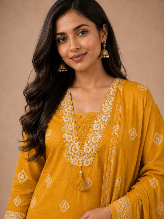 Mustard Embroidered Cotton 3-Piece Suit