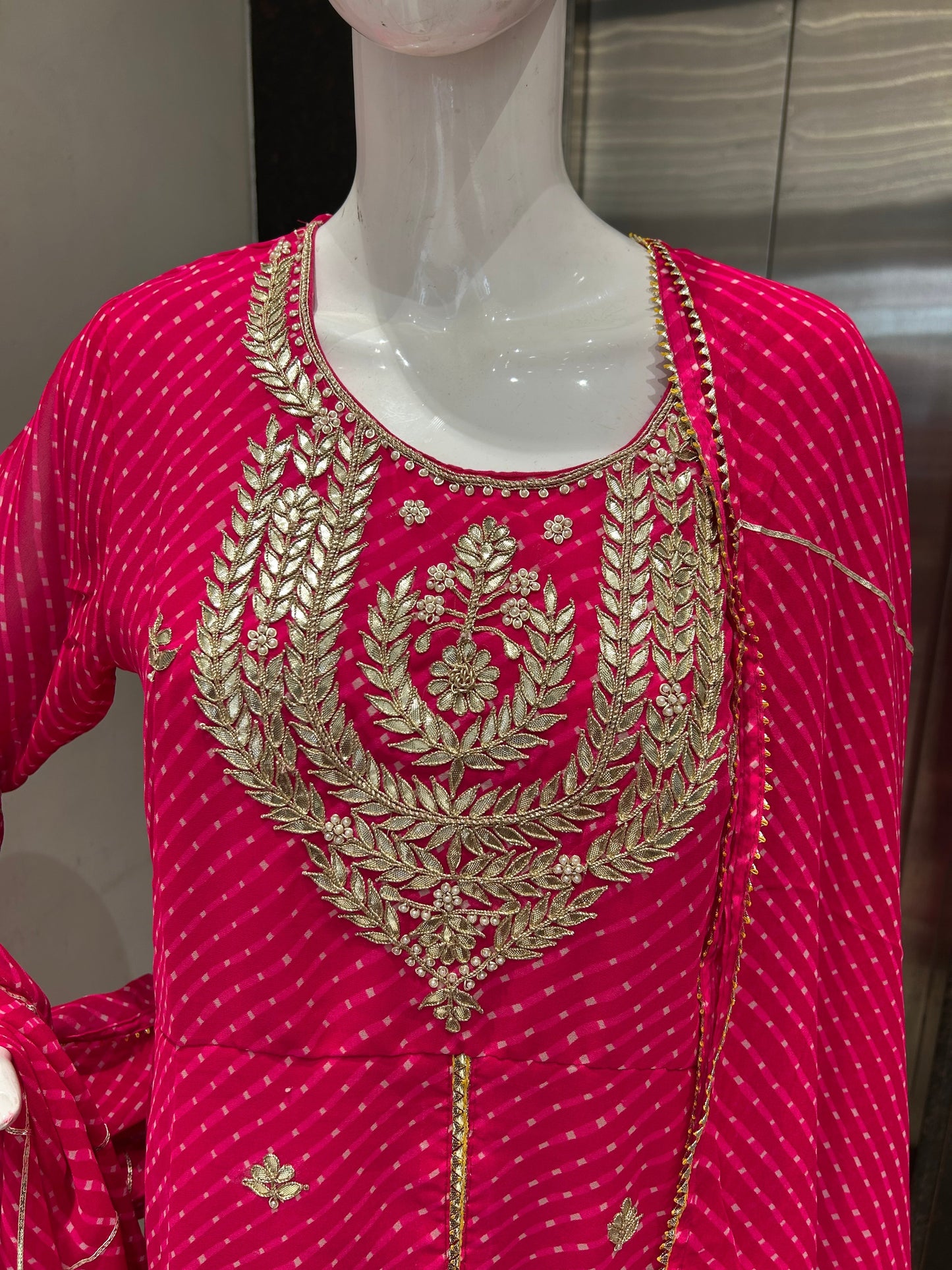 Rani Pink Mothra Kurta Sharara Set with Gold Zardozi Embroidery & Dupatta