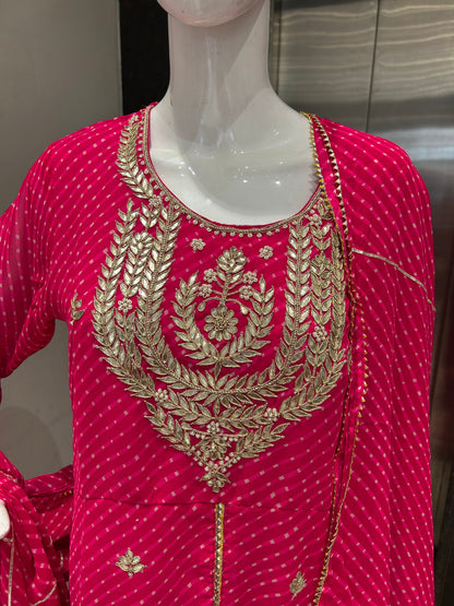 Rani Pink Mothra Kurta Sharara Set with Gold Zardozi Embroidery & Dupatta