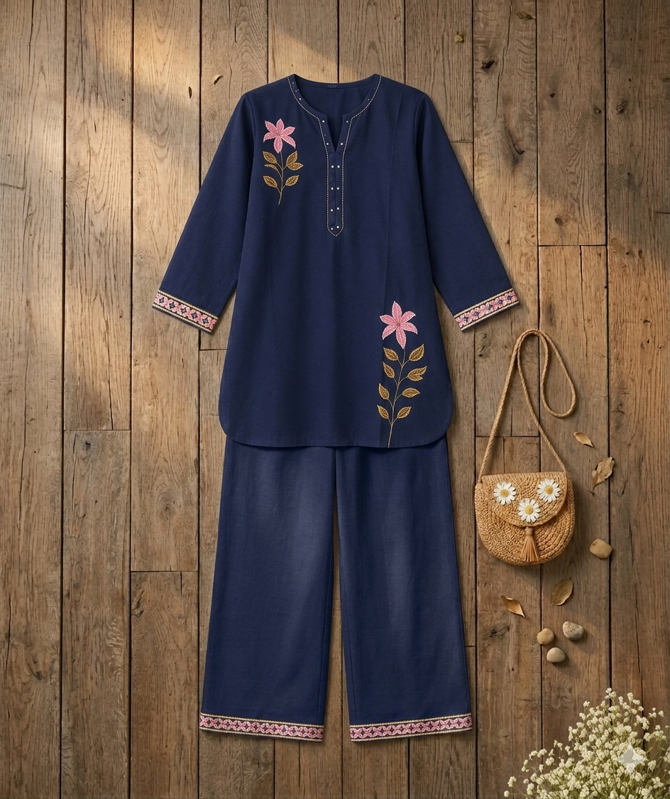 Navy Blue Floral Embroidered Kurta & Palazzo Coord Set