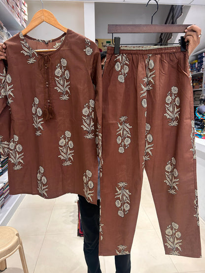 Chocolate Brown Floral Print Cotton Coord Setye