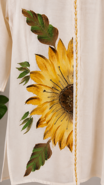 Off-White Sunflower Hand-Painted Cotton Coord Set