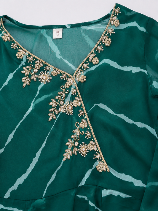 Emerald Green Leheriya Anarkali Gown with Zardozi Embroidery