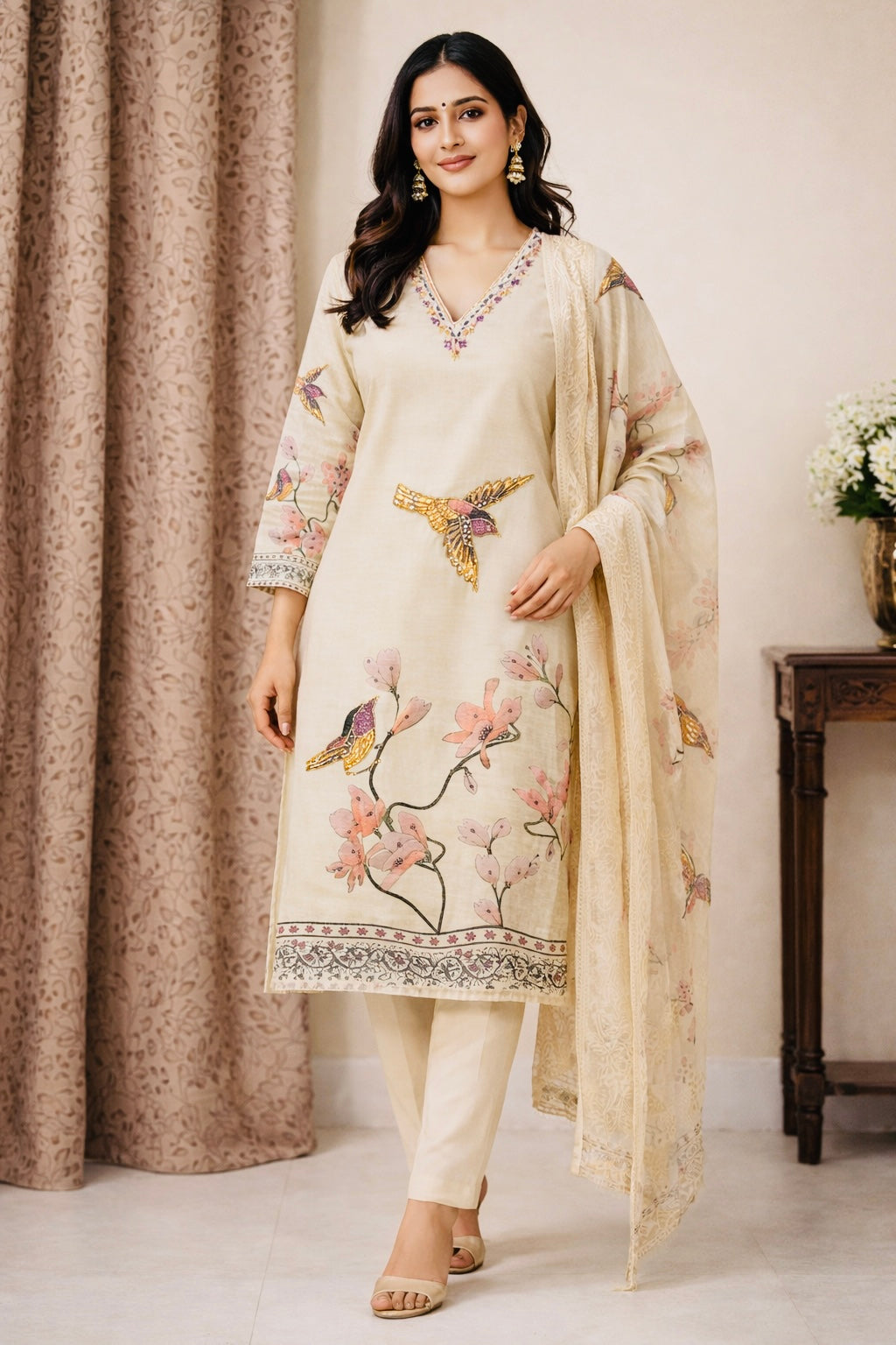 Ivory Bloom Printed Kurta Set with Dupatta