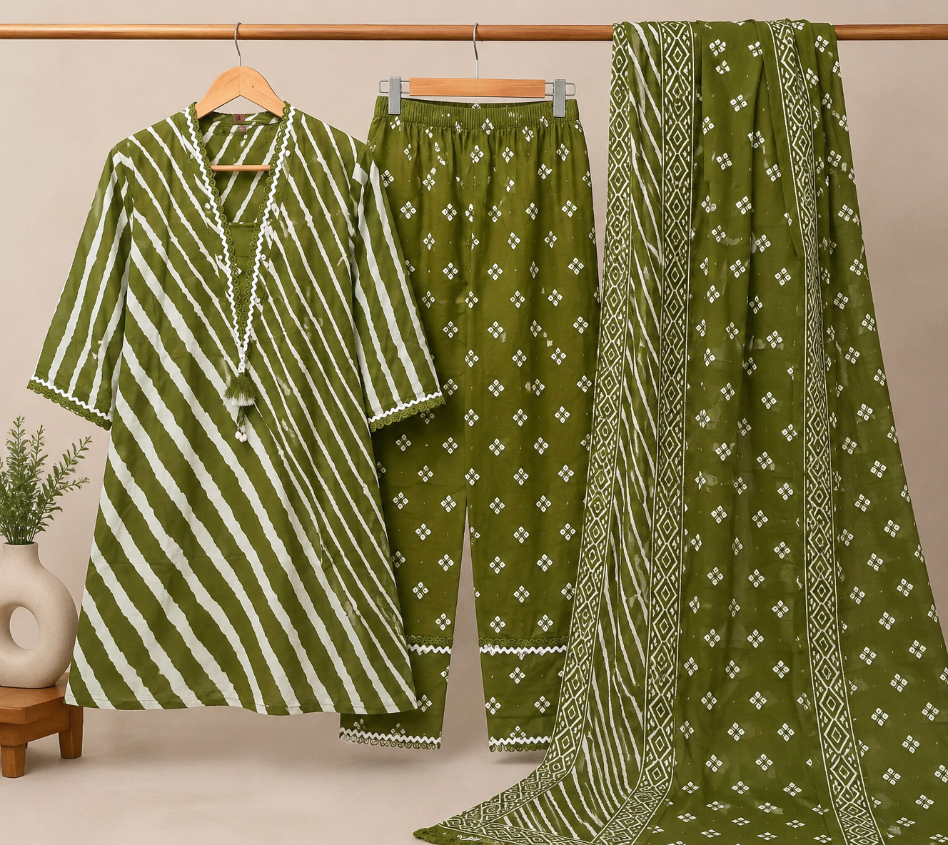 Olive Green Leheriya Kurta with Bandhani Afghani Pants & Dupatta
