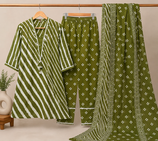 Olive Green Leheriya Kurta with Bandhani Afghani Pants & Dupatta