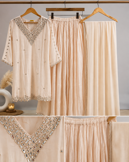 Ivory Mirror Embellished Kurta Set with Gharara & Dupatta