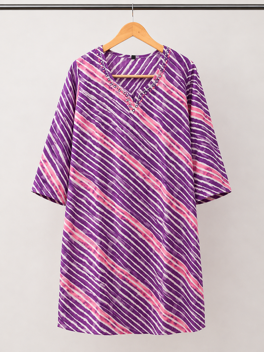 Purple & Pink Leheriya Kurti with Mirror-Sequin Embellished Neckline