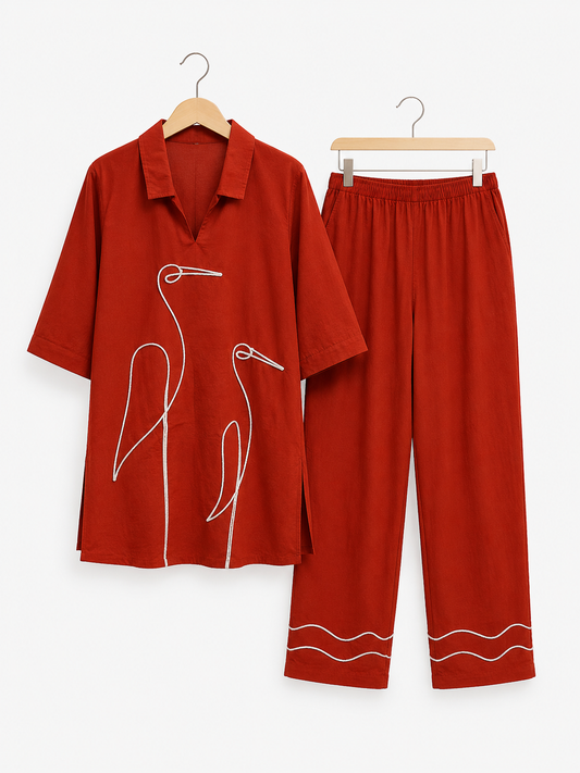 Rust Red Crane Embroidered Pure Cotton Coord Set