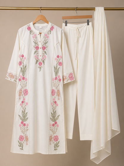 Ivory Garden — Floral Embroidered Kurta Set with Dupatta