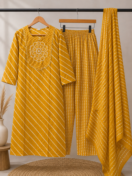 Mustard Yellow Bandhani Leheriya Kurta Set with Palazzo & Dupatta | 3-Piece Ethnic Co-ord Set