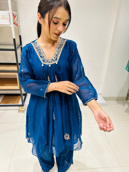 Teal Zari Embroidered Chinnon Coord Set