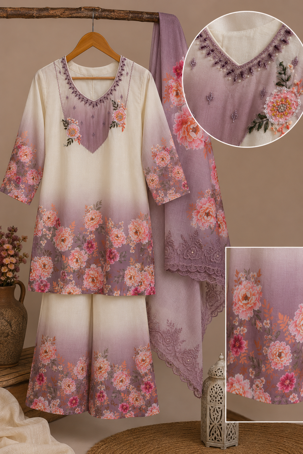 Ivory Mauve Blooming Peony 3-Piece Coord Set