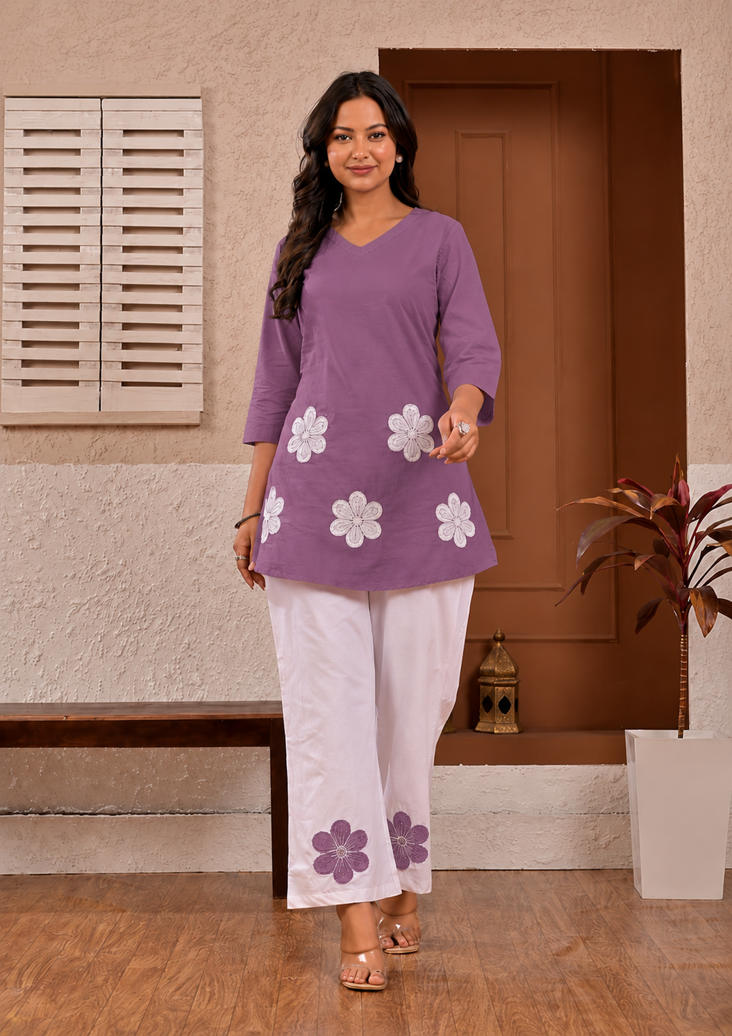 Mauve Bloom Floral Appliqué Cotton Coord Set